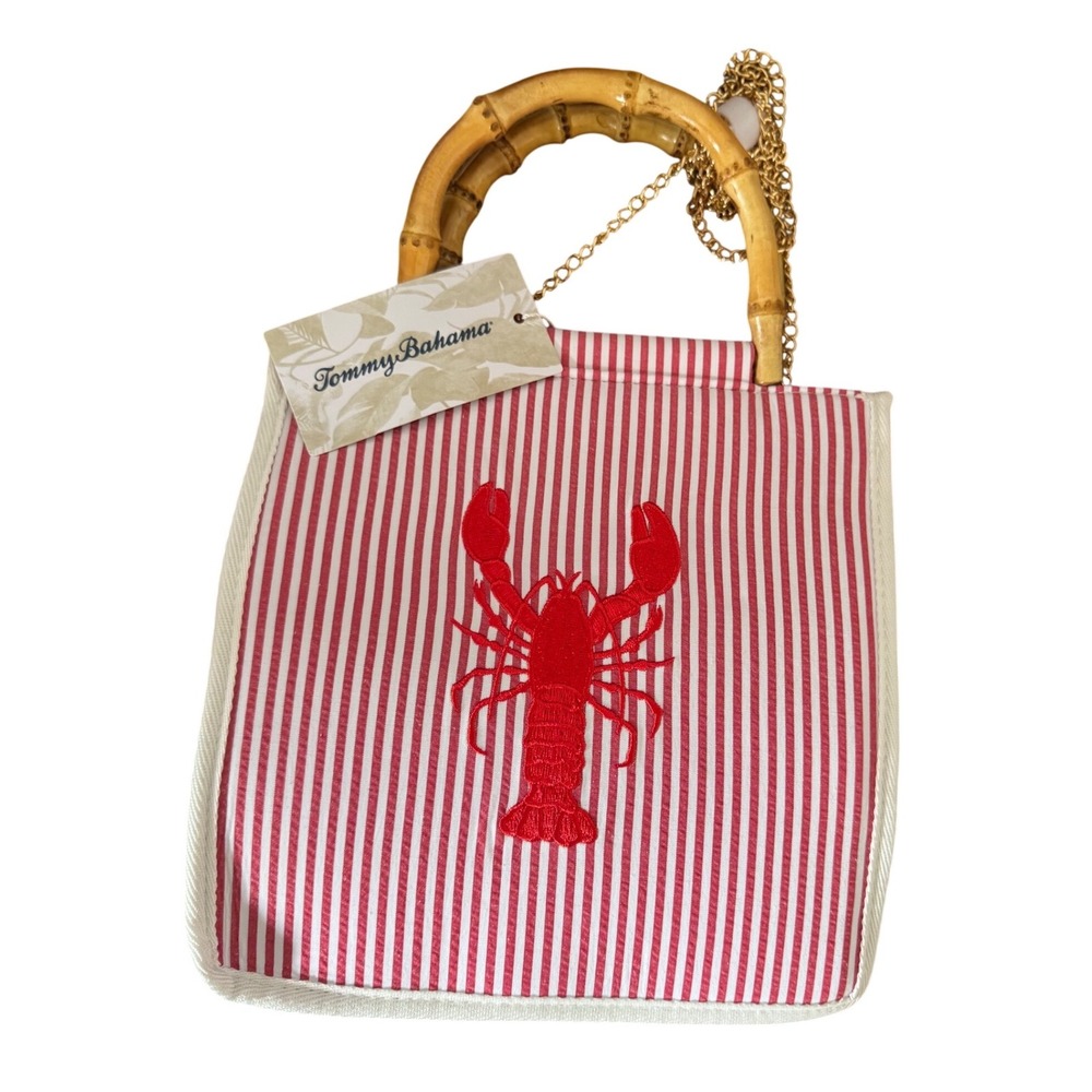Tommy‎ Bahama Red Lobster Striped Bamboo Handle Tote Crossbody Gold Tone NWT